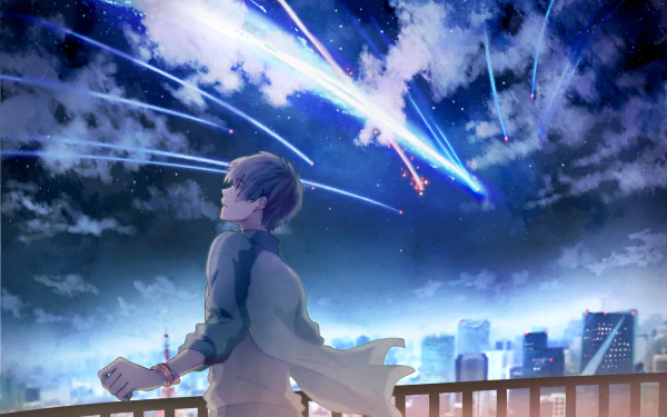 Anime HD wallpaper featuring Taki Tachibana from Your Name. standing on a balcony, gazing at a vibrant night sky with streaking meteors.