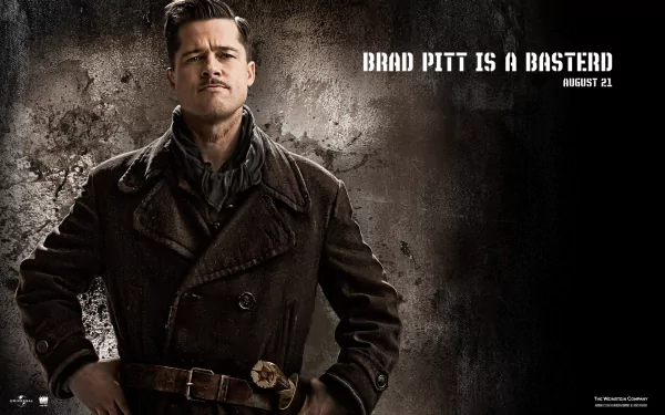 HD PC desktop wallpaper featuring Brad Pitt as a character from the movie Inglourious Basterds, with text Brad Pitt is a Basterd and the release date August 21.