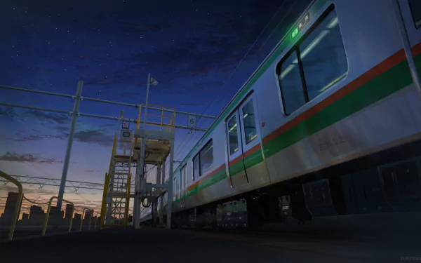 A vibrant anime-themed HD desktop wallpaper, featuring a train at dusk, illuminated by soft green lights, set against a starry evening sky.