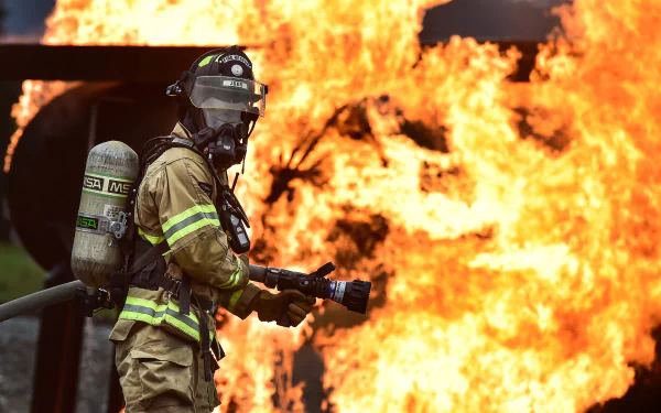 A firefighter in full gear uses a hose to control intense flames in this HD desktop wallpaper background.