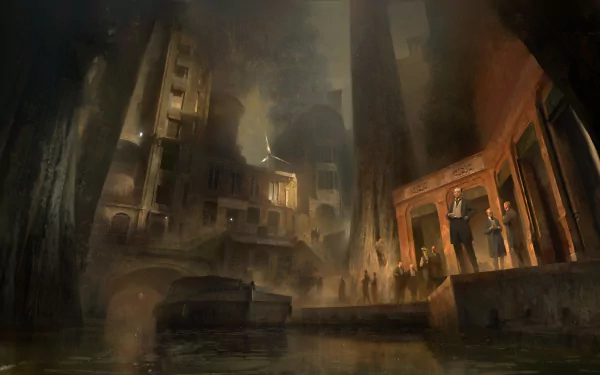 Dark, atmospheric 8K Ultra HD desktop wallpaper from the video game Dishonored 2, depicting a shadowy, fog-filled cityscape with moody lighting and mysterious figures.