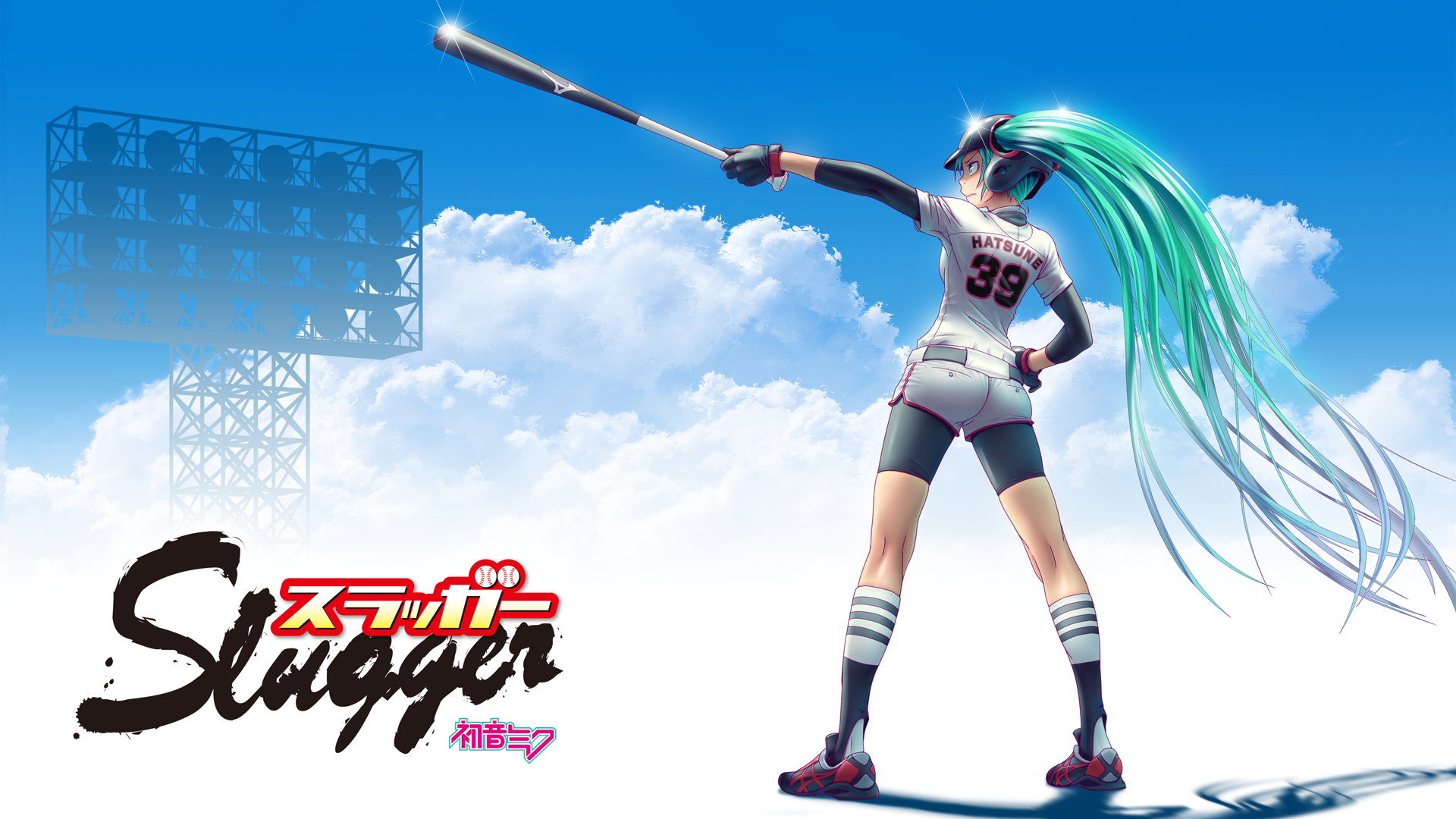 HD PC desktop wallpaper featuring Hatsune Miku in a baseball uniform, striking a confident pose under a bright blue sky. Anime and Vocaloid-themed artwork with Slugger text.