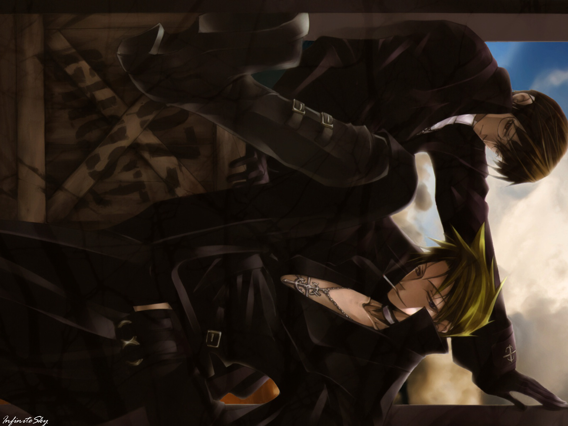 Anime HD PC desktop wallpaper (07-Ghost): two cloaked figures in dark uniforms—one blond with a chest tattoo—posed dramatically against a cloudy sky.