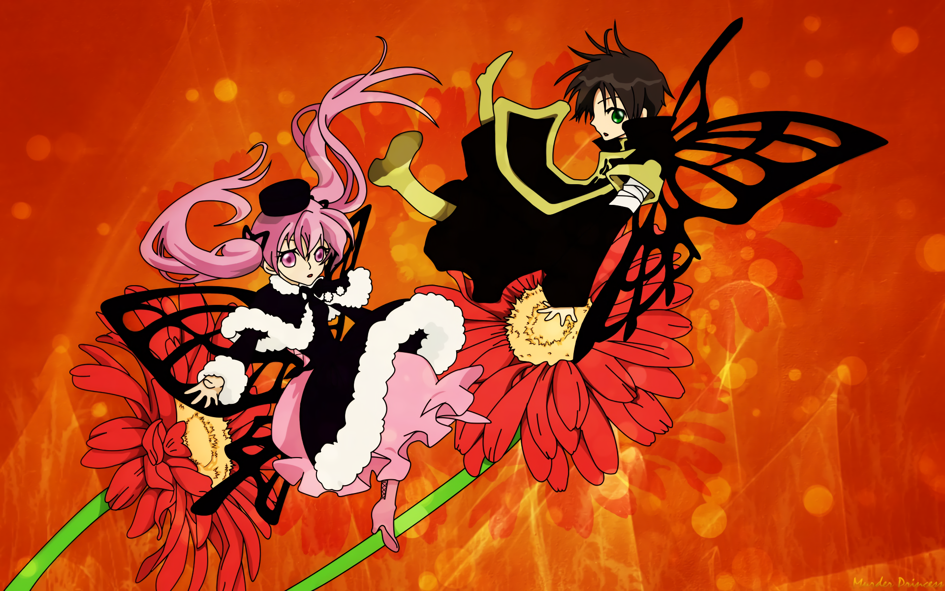 Anime 07 Ghost HD PC desktop wallpaper and background: two butterfly-winged characters in black, pink and gold reclining on oversized red flowers against a glowing orange backdrop.