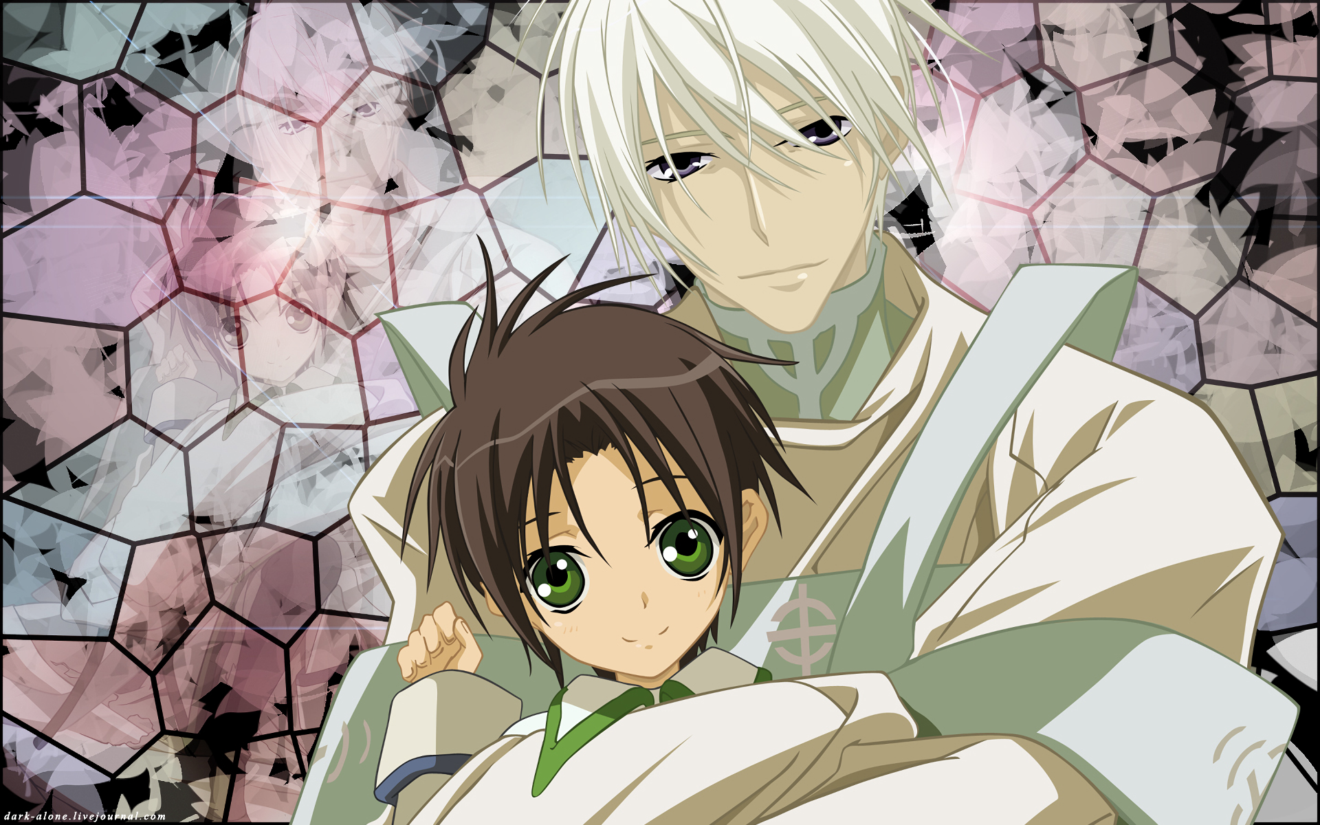Anime HD PC desktop wallpaper of 07 Ghost: tall white-haired man gently holding a small brown-haired, green-eyed child against a cracked hexagonal background.