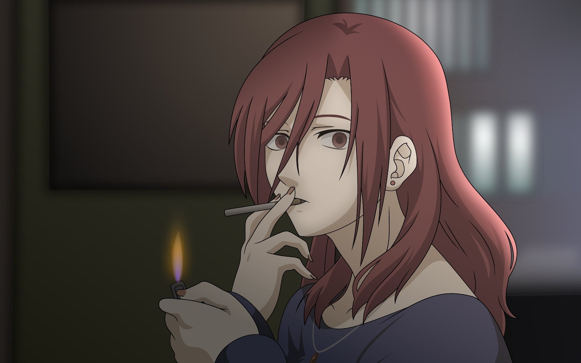Touko Aozaki from The Garden of Sinners — anime HD PC wallpaper: red-haired woman lighting a cigarette in a dim room, glancing sideways.