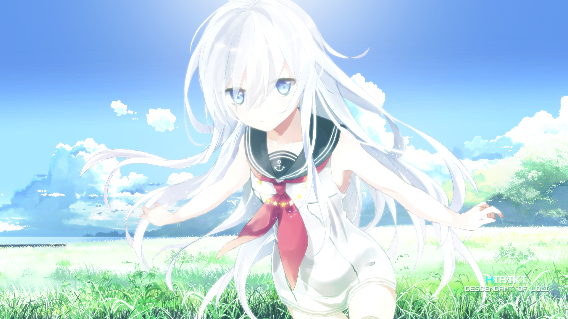 A character from the anime Kantai Collection, depicted with long white hair and a sailor uniform, runs through a vibrant green field under a bright blue sky. HD PC desktop wallpaper.