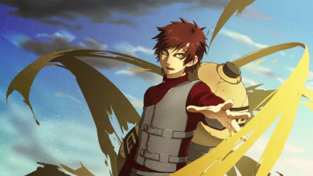 Gaara from Naruto stands confidently, extending his hand, with swirling sand behind him. A striking HD anime wallpaper capturing his powerful presence.