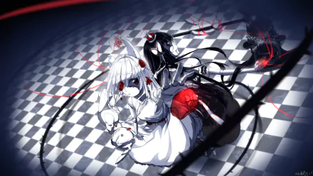 HD anime original desktop wallpaper featuring two contrasting characters—one in white with red eyes, the other in black—set against a dynamic checkered background.