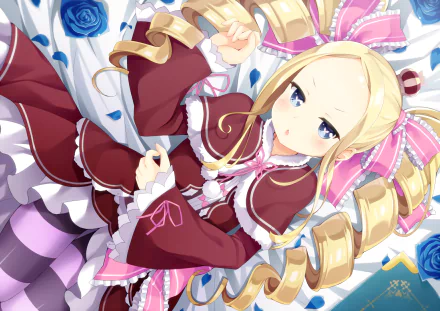 HD wallpaper featuring Beatrice from Re:ZERO - Starting Life in Another World, styled in her signature brown and pink outfit, surrounded by blue roses and elegant decorations.