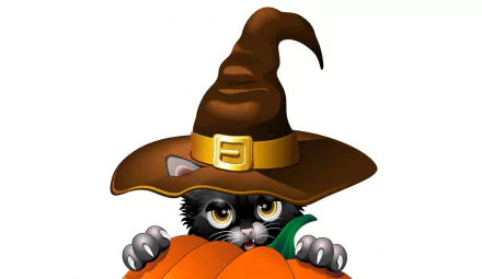 A playful black kitten wearing a witch hat peeks out from behind a vibrant orange pumpkin, capturing the festive spirit of Halloween in this HD desktop wallpaper.