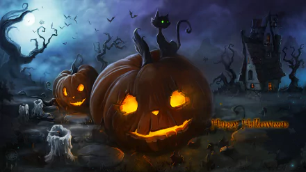 A spooky Halloween scene featuring carved jack-o'-lanterns, a black cat perched on top, a haunted house in the background, and a glowing candle, creating a festive atmosphere.