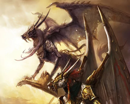HD PC desktop wallpaper featuring epic dragons from the video game Blood of Bahamut in a dramatic, golden-hued fantasy battle scene.