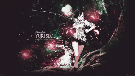 A dynamic HD wallpaper featuring Yuri Seo from the video game Closers, showcasing her in action amidst a vibrant, mystical forest backdrop filled with swirling colors.