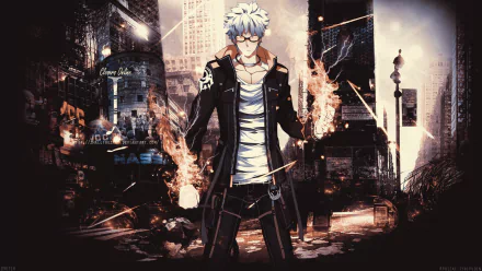 An HD desktop wallpaper featuring a character from the video game Closers, standing confidently amidst a dynamic urban backdrop with vibrant effects and dramatic lighting.