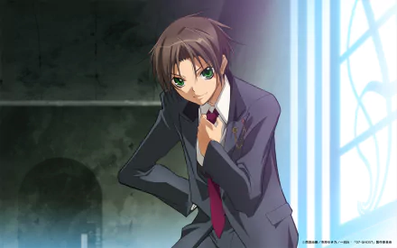 Anime 07-Ghost HD PC desktop wallpaper: brown-haired, green-eyed young man in a dark uniform straightening a red tie by a glowing blue stained-glass window in a dim cathedral.
