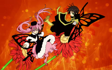 Anime 07 Ghost HD PC desktop wallpaper and background: two butterfly-winged characters in black, pink and gold reclining on oversized red flowers against a glowing orange backdrop.