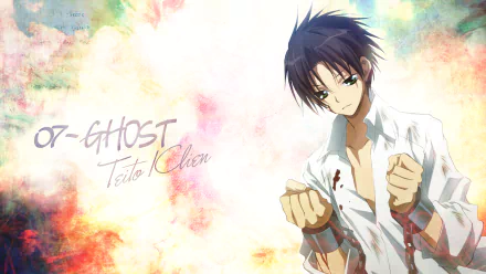 HD PC anime desktop wallpaper of 07-Ghost's Teito Klein — blood-streaked white shirt, bound hands, soft watercolor background.