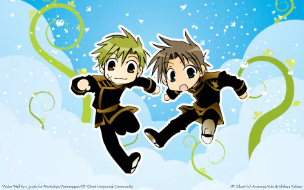 Anime-style HD desktop wallpaper featuring two energetic characters from 07 Ghost against a bright blue background with swirling green accents and white sparkles.