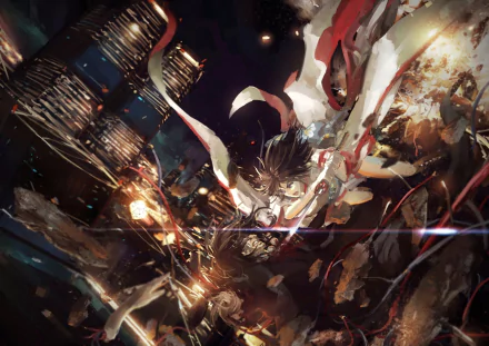 HD anime desktop wallpaper featuring dynamic, dark-themed artwork from The Garden of Sinners, showcasing intense action and intricate cityscape details.