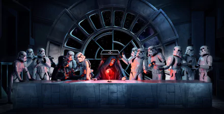 A humorous Star Wars scene featuring Emperor Palpatine, Darth Vader, and stormtroopers gathered at a table, set against a sci-fi background of space.