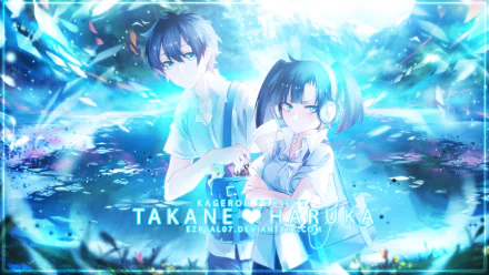 HD PC desktop wallpaper background: Kagerou Project anime art of Takane and Haruka standing in glowing blue water with light effects and floral accents.