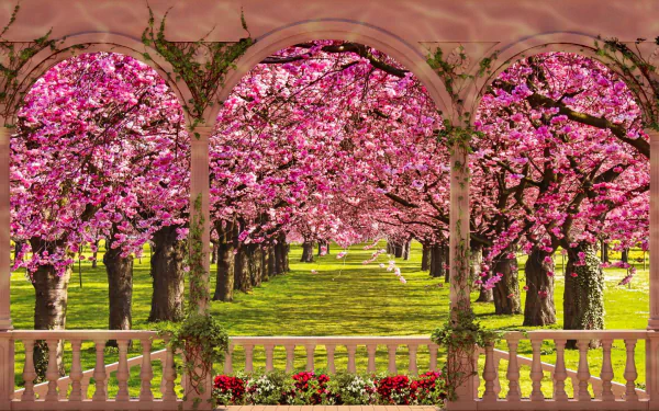 A vibrant view from a gazebo, framed by blooming pink trees in spring. The scene captures nature's beauty, inviting serenity and color to any desktop background.