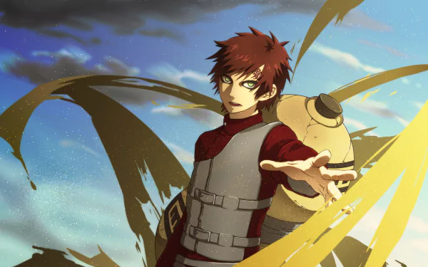 Gaara from Naruto stands confidently, extending his hand, with swirling sand behind him. A striking HD anime wallpaper capturing his powerful presence.