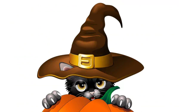 A playful black kitten wearing a witch hat peeks out from behind a vibrant orange pumpkin, capturing the festive spirit of Halloween in this HD desktop wallpaper.