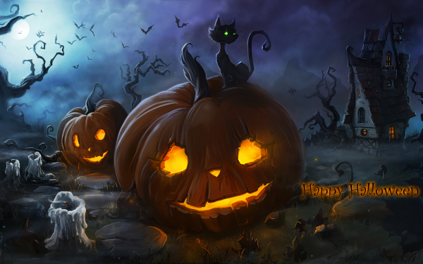 Holiday Halloween Jack-O'-Lantern Cat Haunted House Candle Happy Halloween HD Wallpaper | Background Image