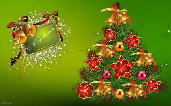 HD PC desktop wallpaper featuring a green Christmas tree decorated with poinsettias, bells, and ornaments, alongside a festive Merry Christmas tag on a green background.