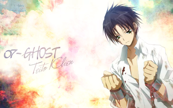 HD PC anime desktop wallpaper of 07-Ghost's Teito Klein — blood-streaked white shirt, bound hands, soft watercolor background.