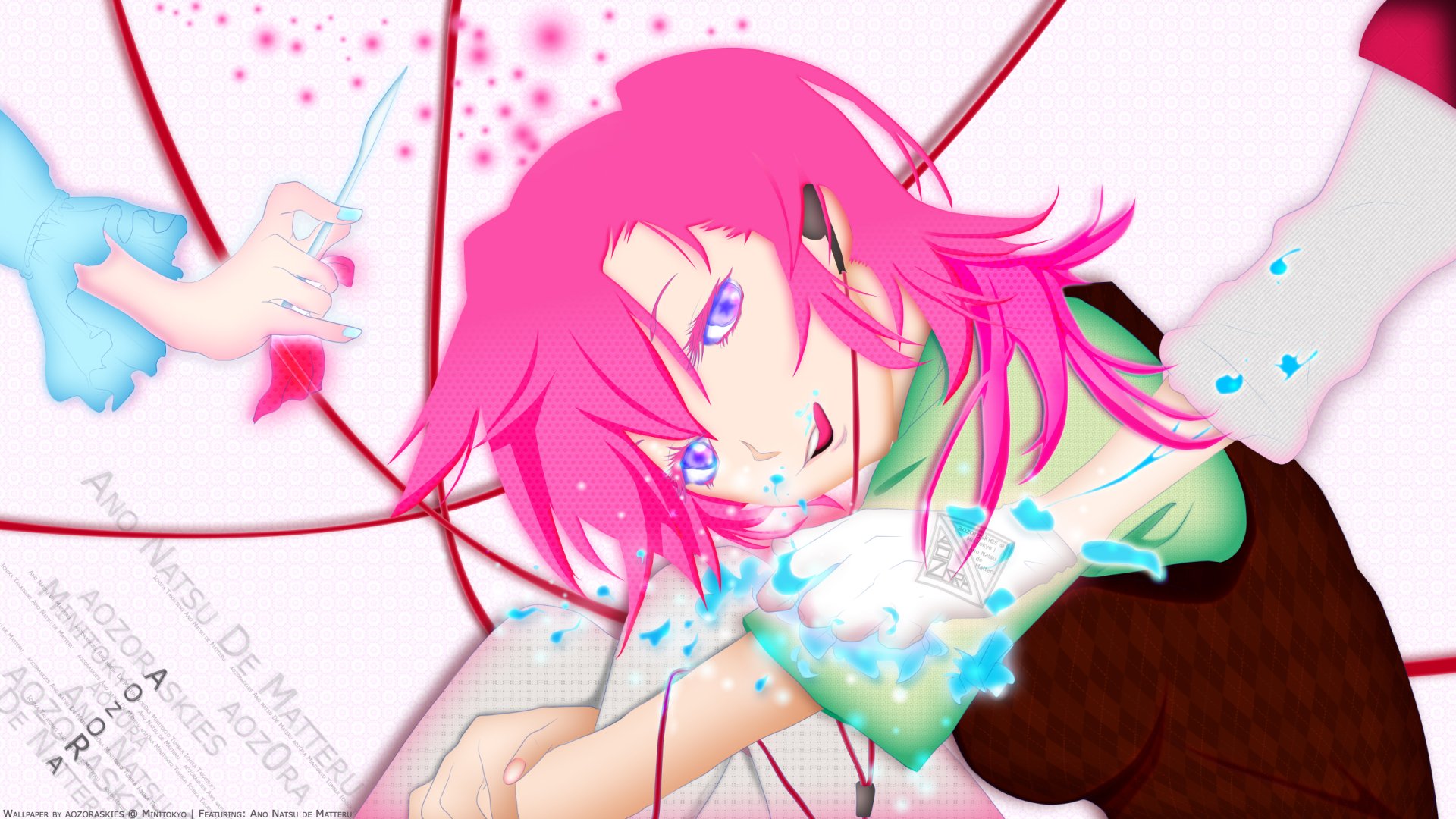 Anime-style HD desktop wallpaper from Waiting in the Summer featuring a character with vibrant pink hair and blue eyes in a dynamic, colorful composition.