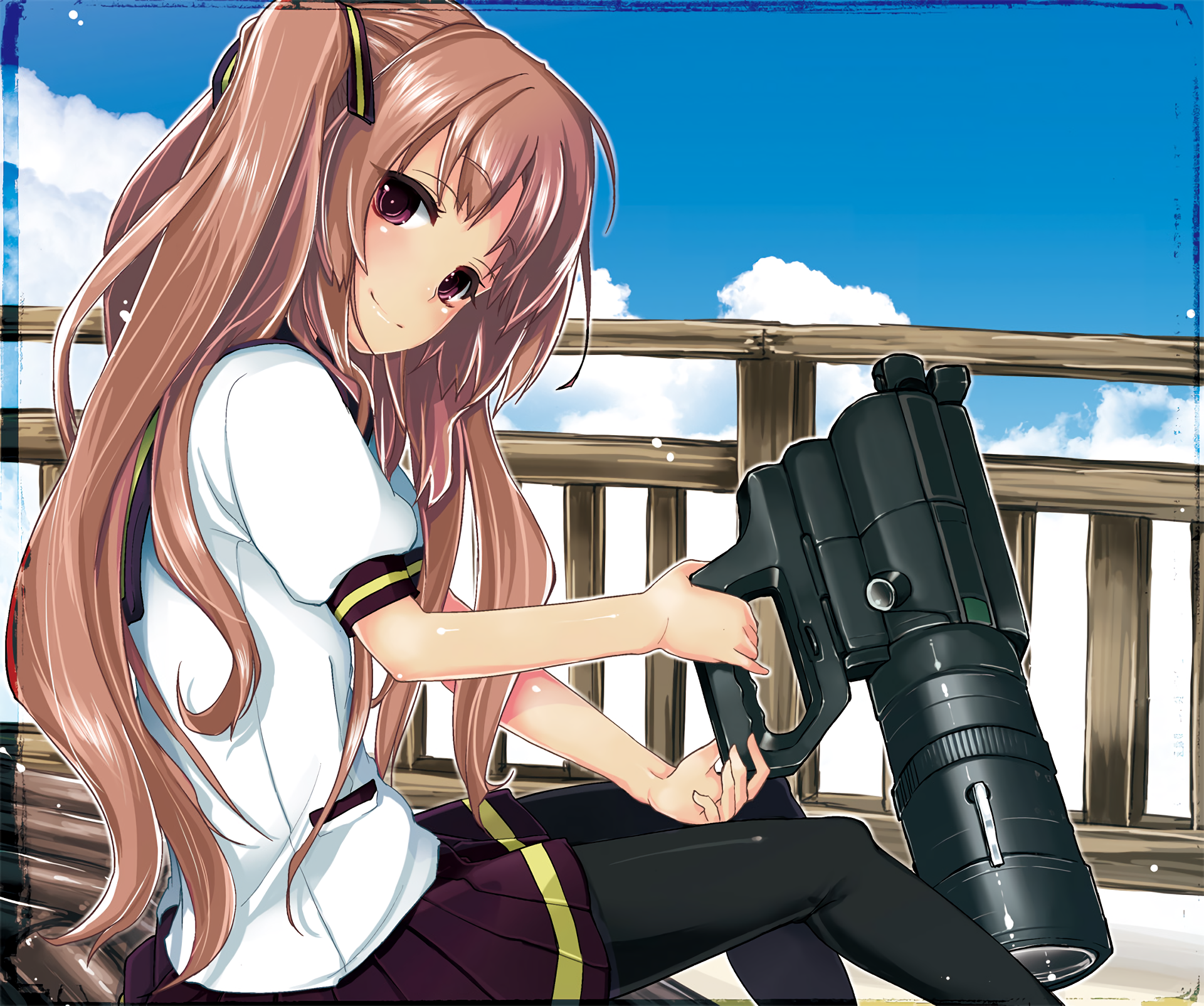 Anime-style HD desktop wallpaper from Waiting in the Summer, featuring a girl with long hair holding a large camera under a bright blue sky with clouds.