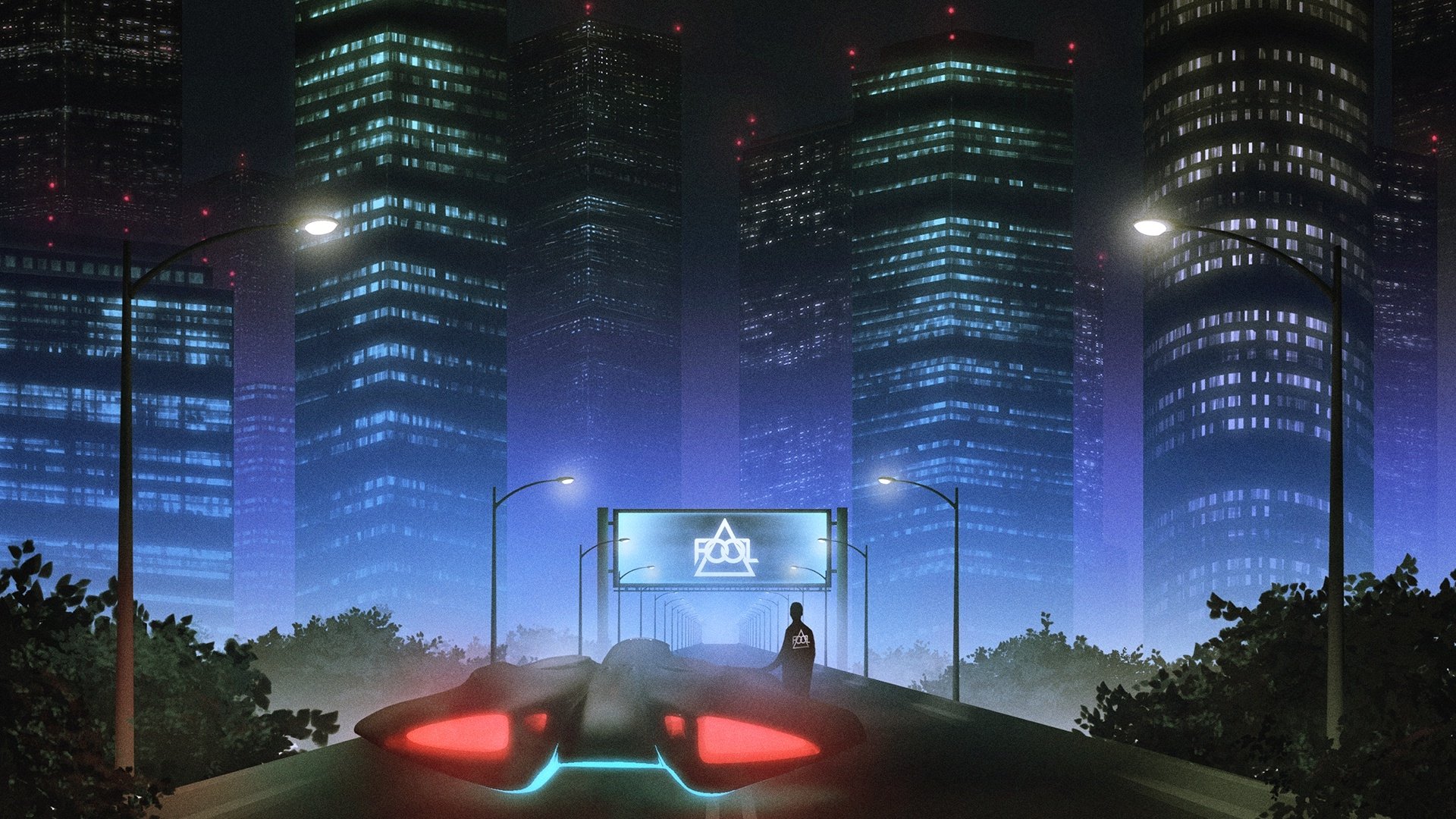 HD PC desktop wallpaper featuring a futuristic city skyline at night with glowing lights and a Monstercat music logo above a person standing near a futuristic car.