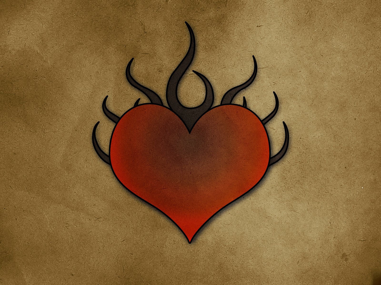An artistic depiction of a heart with stylized flames, set against a textured, earthy background, making it a striking HD desktop wallpaper that embodies love.