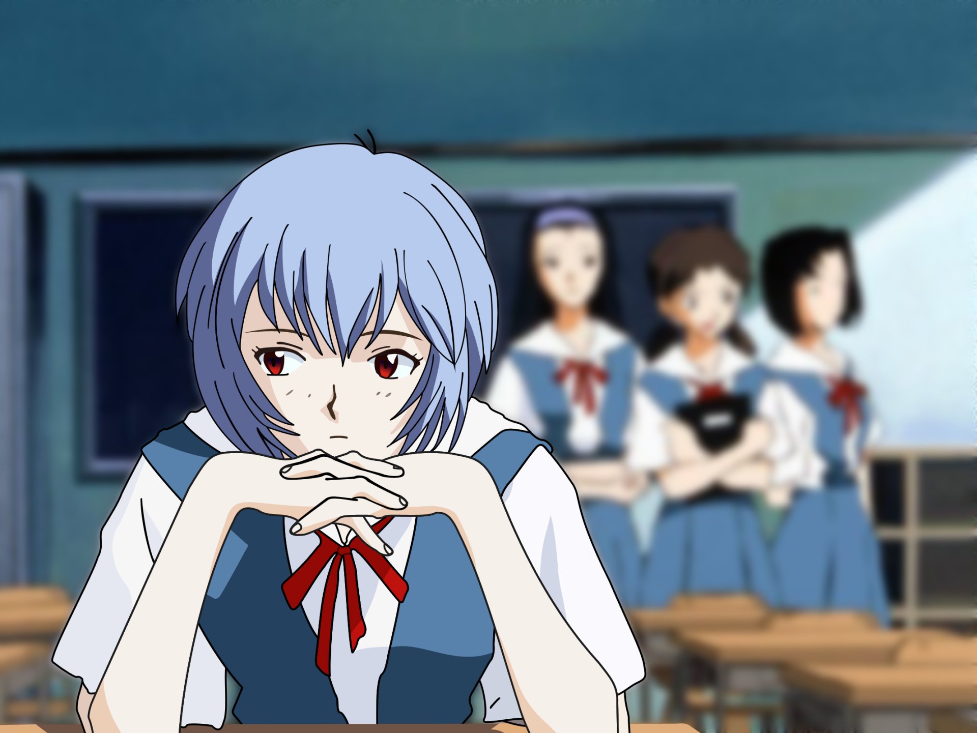 HD anime desktop wallpaper featuring Rei Ayanami from Neon Genesis Evangelion, depicted in her school uniform with classmates blurred in the background.