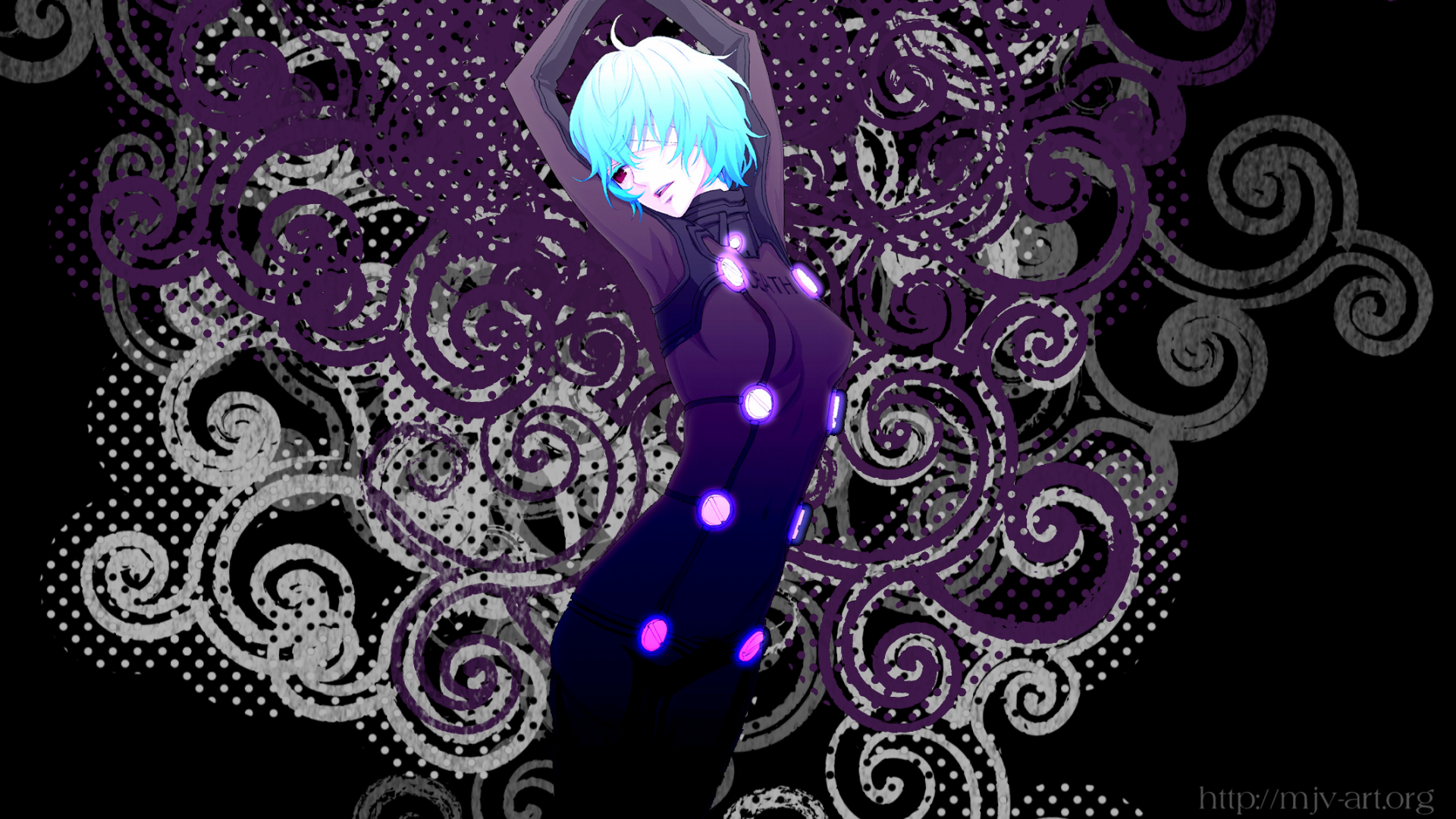 HD PC desktop wallpaper featuring an anime character from Evangelion: 2.0 You Can (Not) Advance with glowing elements and swirling purple and grey patterns.