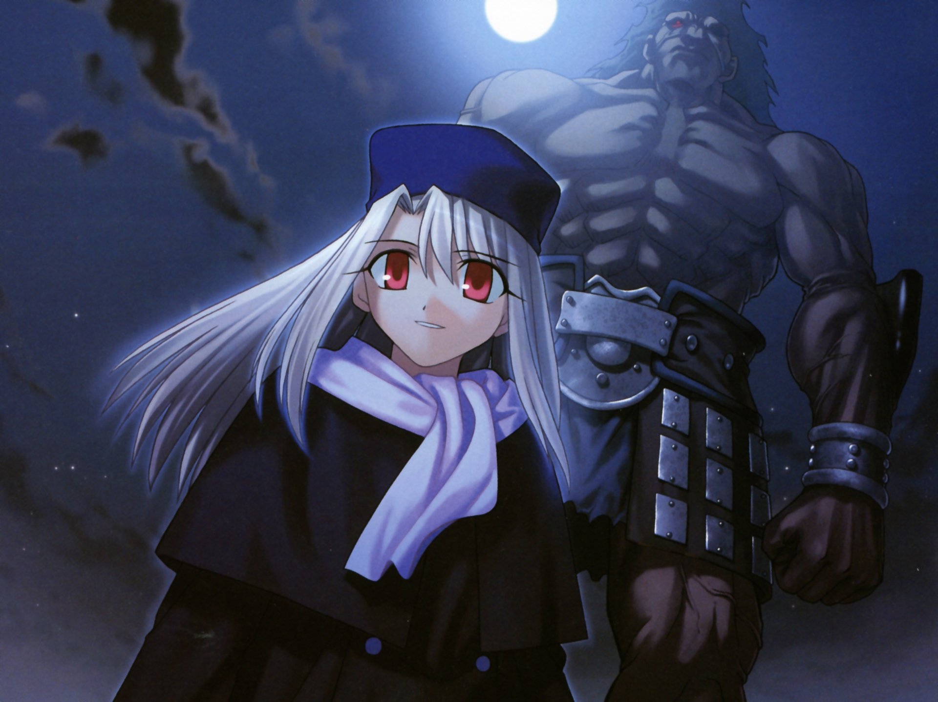 HD PC desktop wallpaper featuring a character from Fate/Stay Night: Unlimited Blade Works with striking red eyes and silver hair, set against a dark, intense anime background.