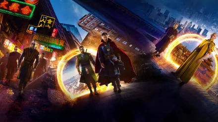 HD desktop wallpaper featuring characters from the movie Doctor Strange, including Mads Mikkelsen, Chiwetel Ejiofor, Benedict Cumberbatch, and Tilda Swinton, set against a vibrant city backdrop.