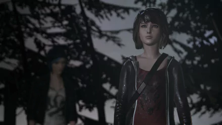 HD PC desktop wallpaper from Life Is Strange: Max Caulfield stands solemnly in the forest foreground with Chloe Price blurred behind, silhouetted pines and moody dusky lighting.