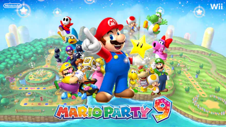 HD PC desktop wallpaper of the video game Mario Party 9 featuring Mario front and center with Luigi, Yoshi, Toad and other Mushroom Kingdom characters over a bright, colorful game board background.
