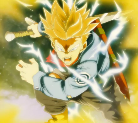 HD desktop wallpaper of Trunks from Dragon Ball Super, showcasing an intense action scene with dynamic lighting and energy effects, tagged with Dragon Ball, and Anime.