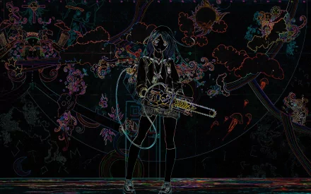 HD anime original artwork featuring a character holding a chainsaw against a dark, intricately detailed background, designed as a PC desktop wallpaper.
