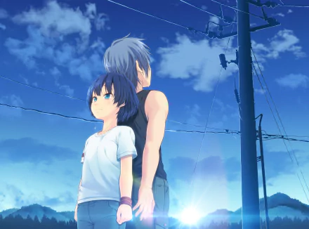 Anime Waiting in the Summer HD PC desktop wallpaper — two teens back-to-back under a bright blue sky and power lines, sunlight on the horizon.