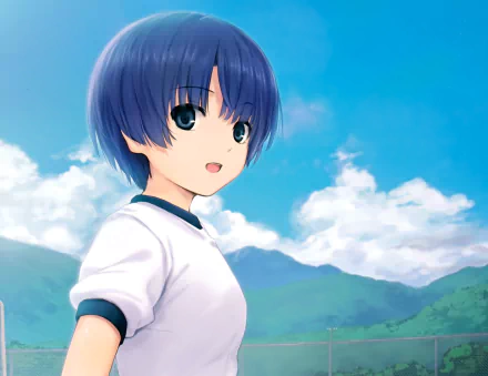 Anime-style HD desktop wallpaper from Waiting in the Summer featuring a girl with short blue hair against a bright blue sky and distant mountains.