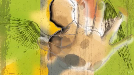 Artistic drawing of a faceless figure with wings and an outstretched hand, rendered in vibrant green, yellow, and orange tones, designed as an HD PC desktop wallpaper.