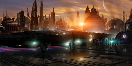 Futuristic cityscape at sunset featuring a sci-fi train station with sleek buildings and glowing lights, captured in a high-definition PC desktop wallpaper.