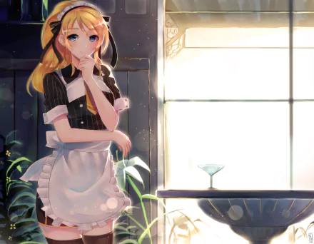 HD PC desktop wallpaper featuring Eri Ayase from the anime Love Live! in a detailed maid outfit standing by a sunlit window with a glass on the table.