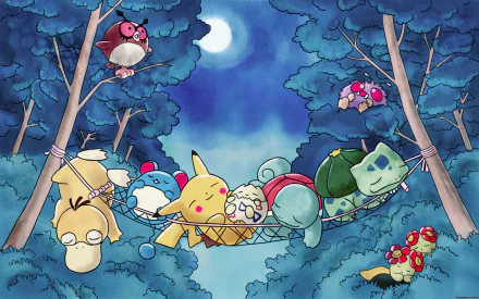 A serene forest scene featuring Psyduck, Bulbasaur, and Pikachu sleeping peacefully in a hammock under the moonlight, surrounded by lush trees and a few charming Pokémon friends.